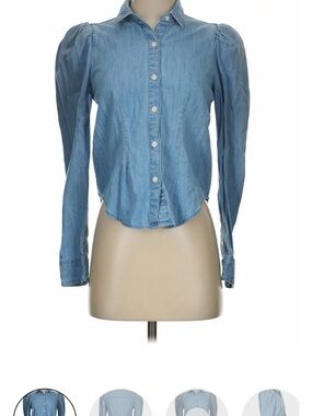 Express Light Blue Denim Puff-Sleeve Button-Down Shirt